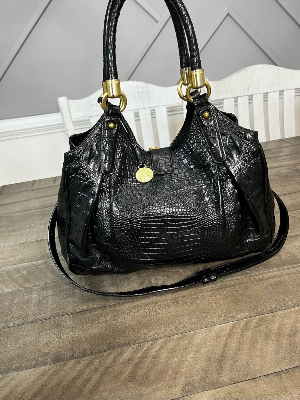 *BRAHMIN* Black Elisa Melbourne Croc-Embossed Leather Satchel Shoulder Bag